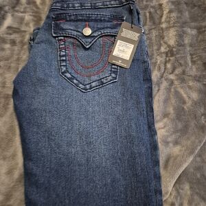 True Religion Dark Blue Straight Leg Jeans with Red Stitching